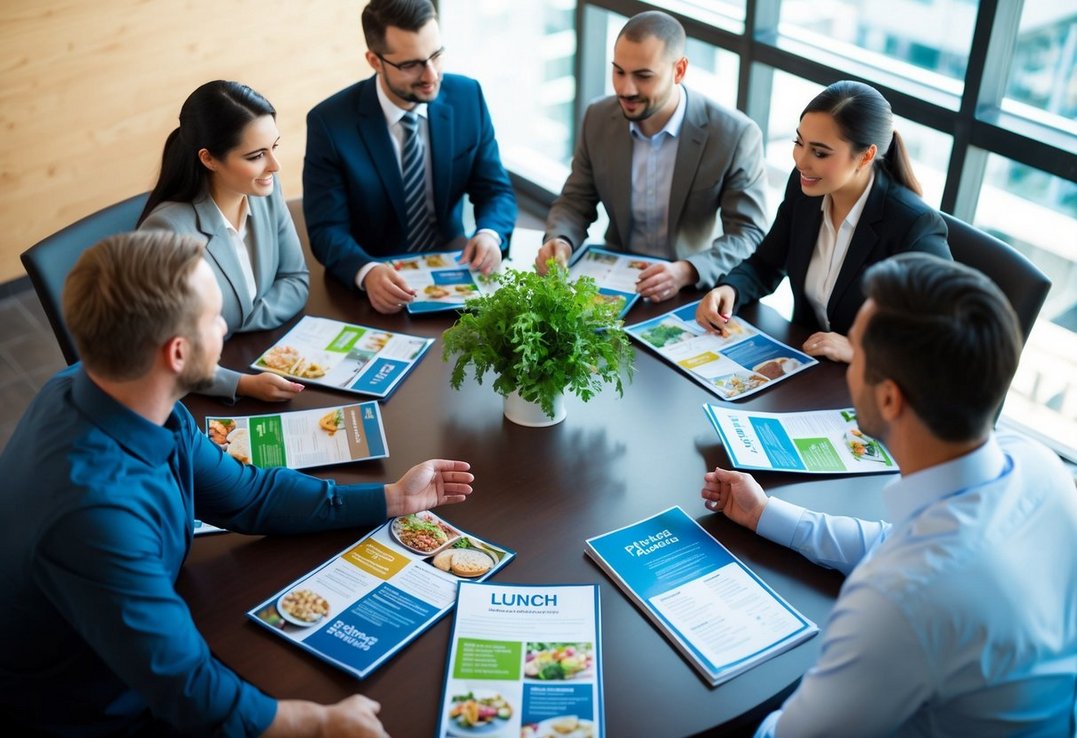 Employees gathered around a table discussing lunch options for the company Menus and brochures spread out as they consider different catering services